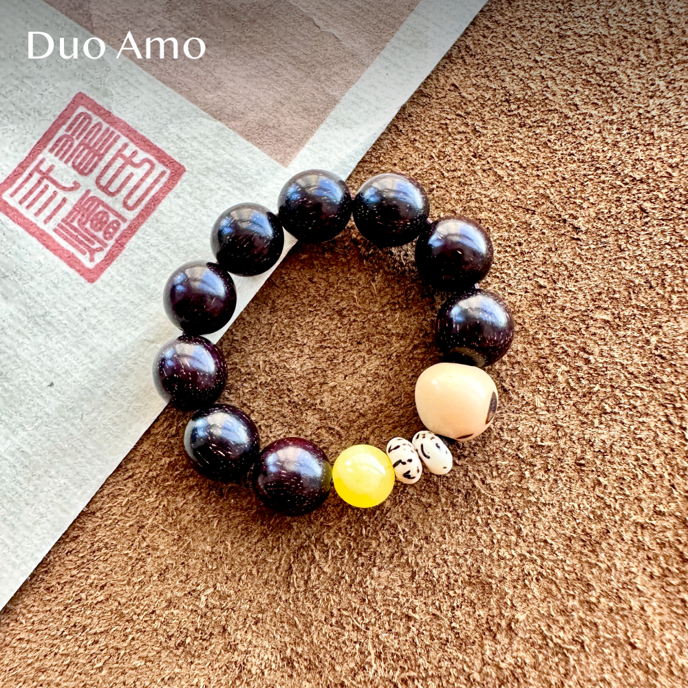 DuoAmo原创小众绕指柔蜜蜡星月菩提印度小叶紫檀盘玩女文玩手串