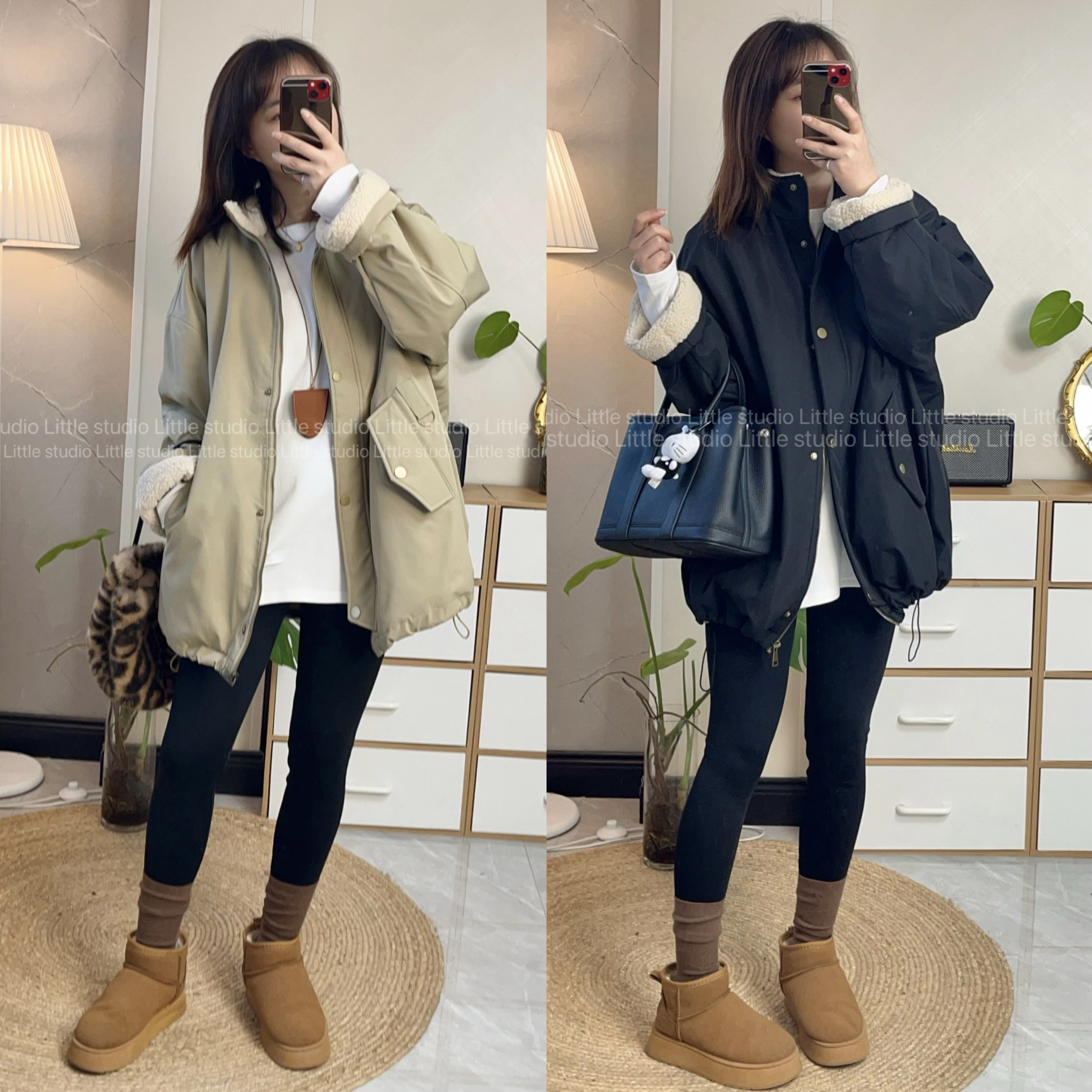 栗子小姐 小个子秋冬加厚保暖颗粒绒中长款棉服风衣派克服外套女
