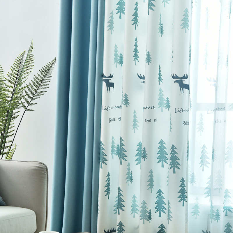 新款北欧风麋鹿窗帘美式圣诞树ins网红遮光客厅卧室落地棉麻拼接