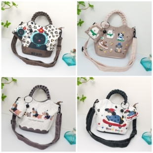 沐里沐气休闲包卡通插画手拎包编织把手清新软萌手提包斜挎小布包