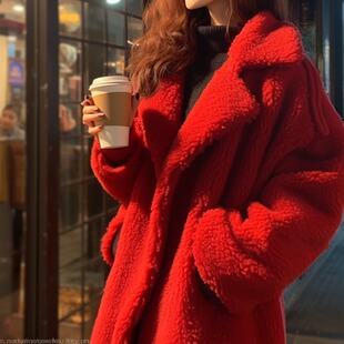 红色羊羔毛外套女冬季2026新款高级感炸街长款加厚羊剪绒大衣棉服