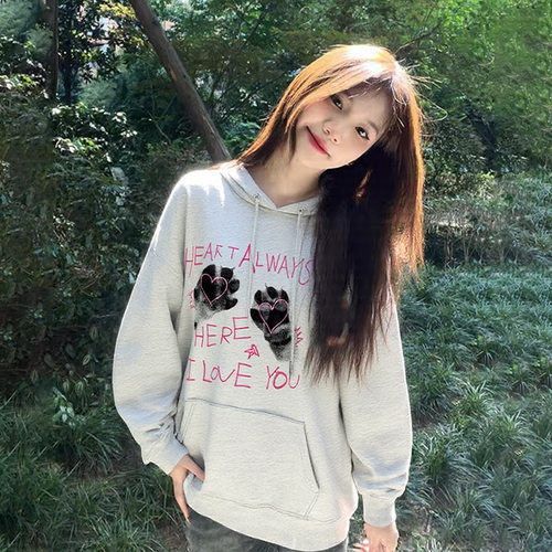 猫爪印花连帽卫衣女2026新款早秋季套头宽松休闲慵懒风美式薄上衣
