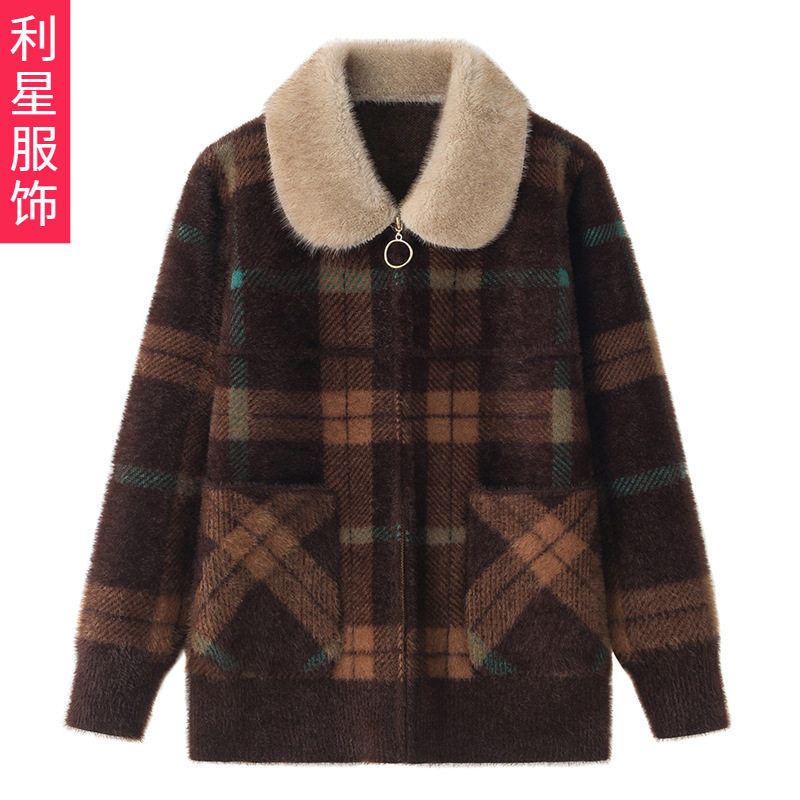 妈妈新款仿水貂绒毛领拉链外套秋冬开衫格子春装中老年人女毛呢