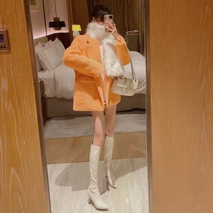 西装毛呢外套女装韩版宽松设计感毛茸茸橙色上衣冬季保暖通勤西服