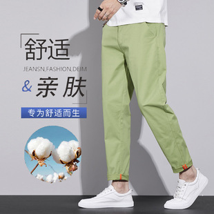 冰凉感纯棉休闲裤男2026夏季薄款宽松小直筒透气果绿色清爽长裤男