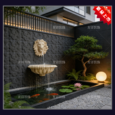 砂岩欧式立体狮子头喷泉半边盆花钵雕塑流水墙壁挂背景墙砖装饰砖