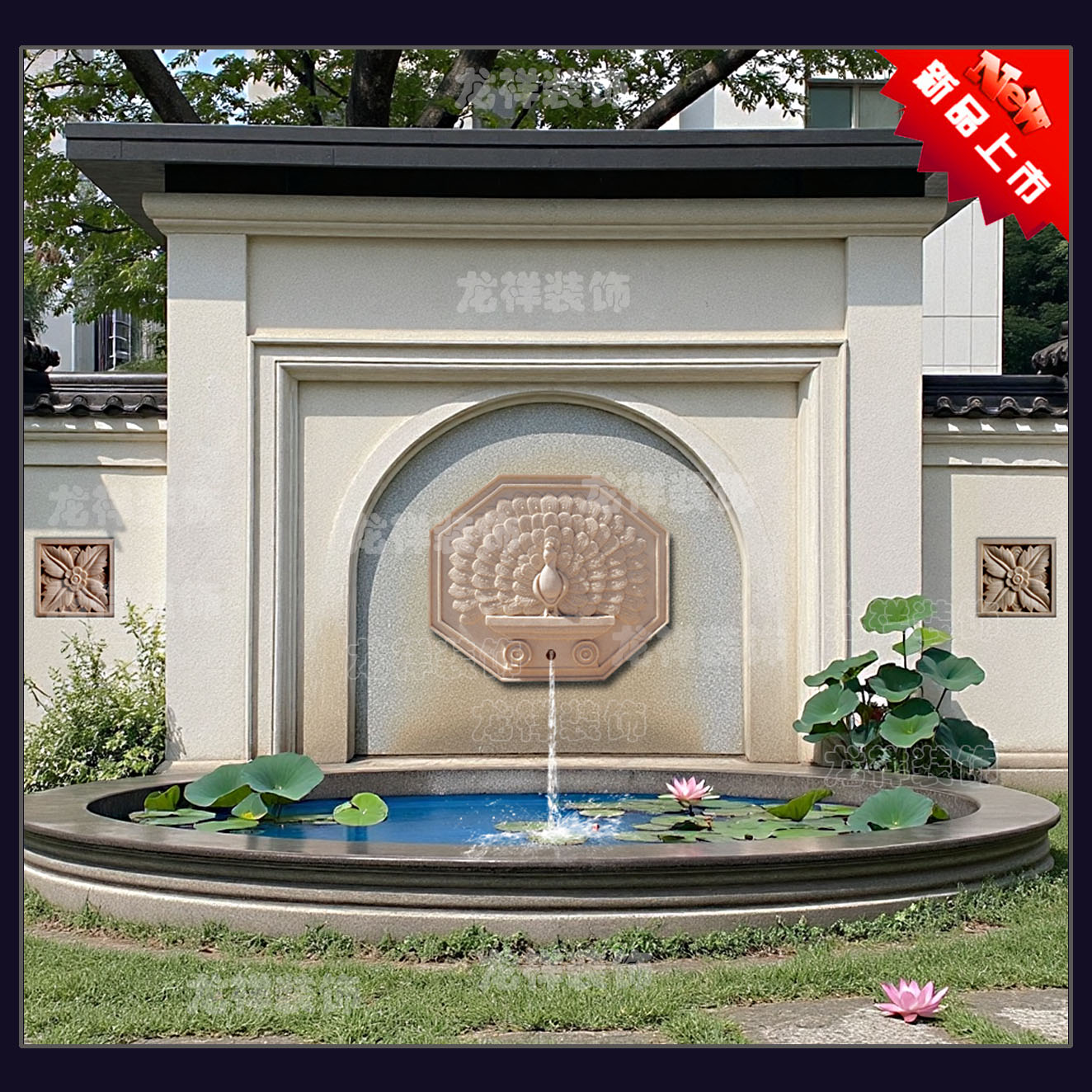 孔雀喷泉浮雕砂岩景观雕塑欧式花板吐水口背景墙喷水板壁画壁挂板图片