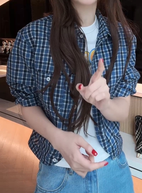 蓝色格子长袖衬衫女夏季2026年新款慵懒风衬衣外套显瘦防晒衫上衣