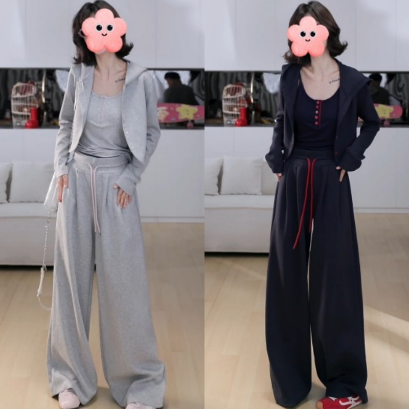 韩版慵懒风休闲运动套装女秋冬高级感宽松减龄卫衣卫裤背心三件套