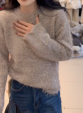 法式气质重工亮片长袖针织衫女秋冬新款设计圆领修身显瘦毛衣上衣