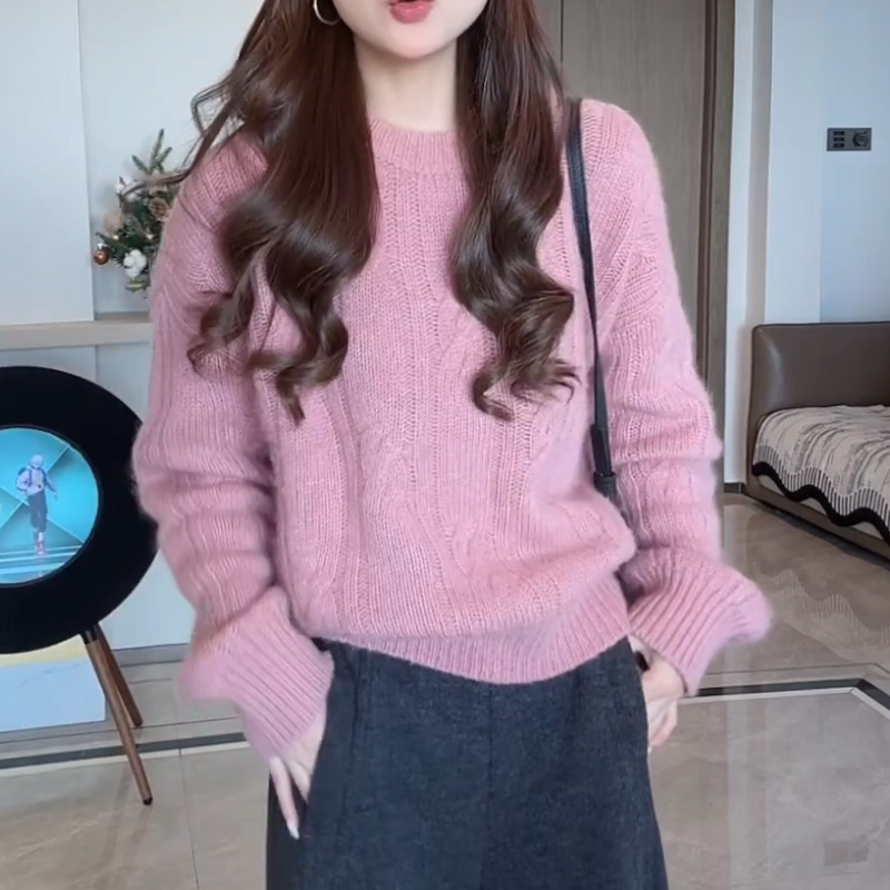 2026新款法式温柔系气质宽松休闲套头粉色麻花毛衣LK2509471