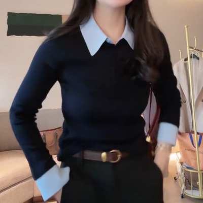 2025秋装新款女装拼接假两件针织衫短款毛衣法式高级感Polo领上衣