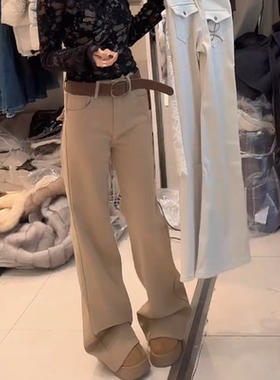 秋冬新款设计感百搭显瘦气质加绒加厚带腰带直筒牛仔裤女阔腿裤