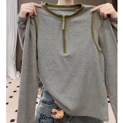 卫衣女2025新款爆款时尚洋气灰色拼色圆领长袖外穿上衣拉链小外套