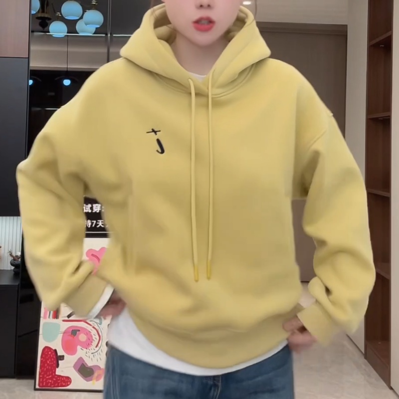 设计感刺绣加绒加厚连帽卫衣女2025秋冬新款百搭休闲风套头上衣潮