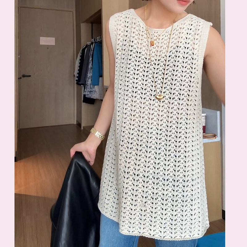 中长款镂空针织衫无袖背心裙女装夏季2026新款叠穿屁帘上衣遮屁股