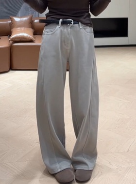 冬季加绒直筒高腰牛仔裤宽松韩版百搭水洗猫须复古拖地休闲长裤女