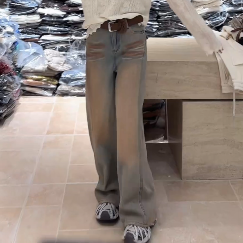 2025冬季时尚百搭显瘦高腰加厚加绒做旧直筒牛仔裤女水洗阔腿长裤,女装/女士精品,牛仔裤,淘宝优惠券,粉丝福利购,淘宝优惠卷