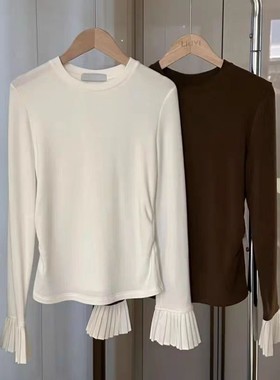 高端欧货洋气打底衫春季小个子圆领温柔减龄上衣拼接喇叭袖T恤女