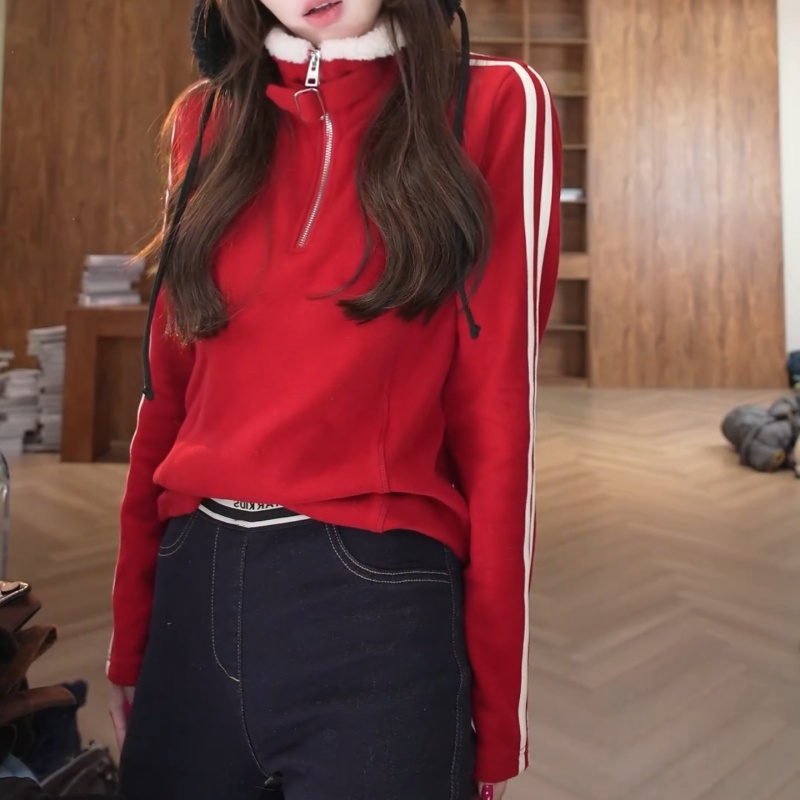 新年红色半拉链卫衣女士2025秋冬新款宽松显瘦加厚立领打底衫上衣