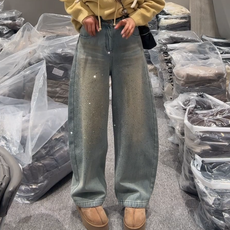 【耀眼星河】冬季新款时尚闪钻高腰加绒显瘦阔腿牛仔裤水洗宽松裤,女装/女士精品,牛仔裤,淘宝优惠券,粉丝福利购,淘宝优惠卷