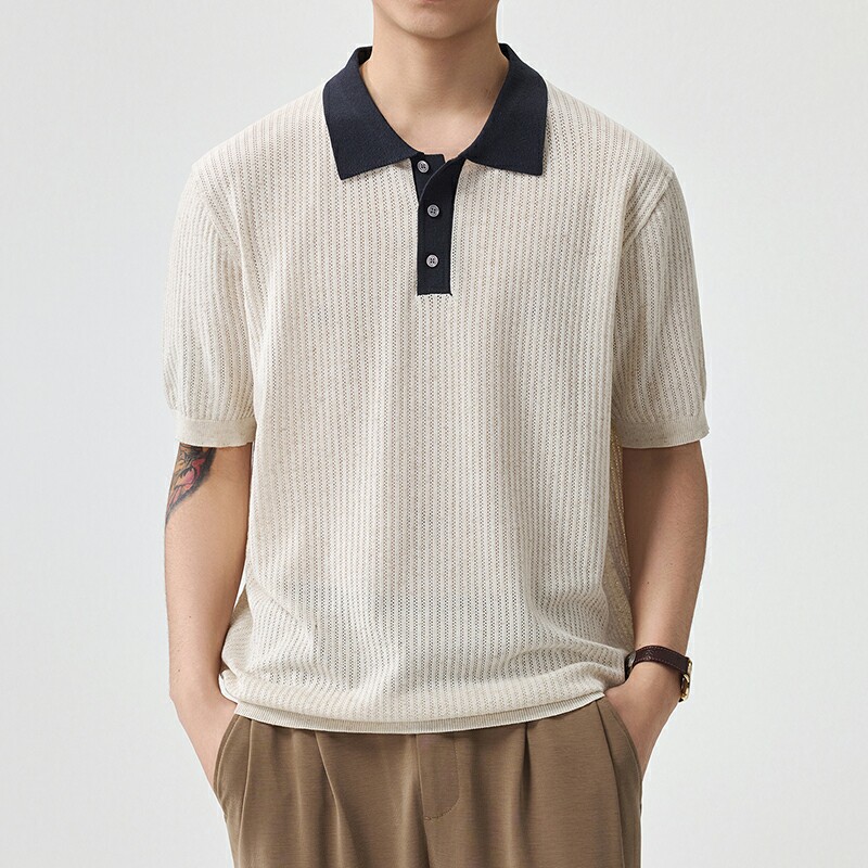 男士薄款春夏新款老钱风男翻领短袖针织衫亚麻纯色撞色日系简约薄