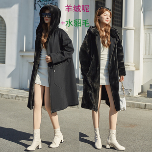 羊绒呢纯双面两穿宽松抽绳水貂毛大号码 进口冬整貂皮大衣 黑色长款