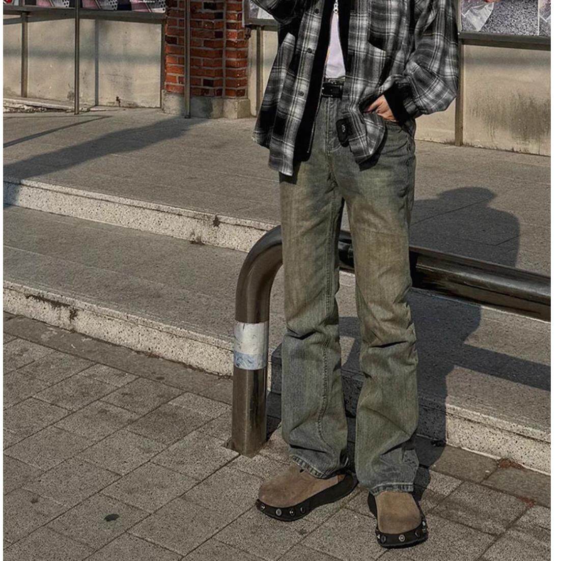 韩系痞帅复古直筒牛仔裤男秋冬季蓝色长裤通勤风做旧裤子潮明星款