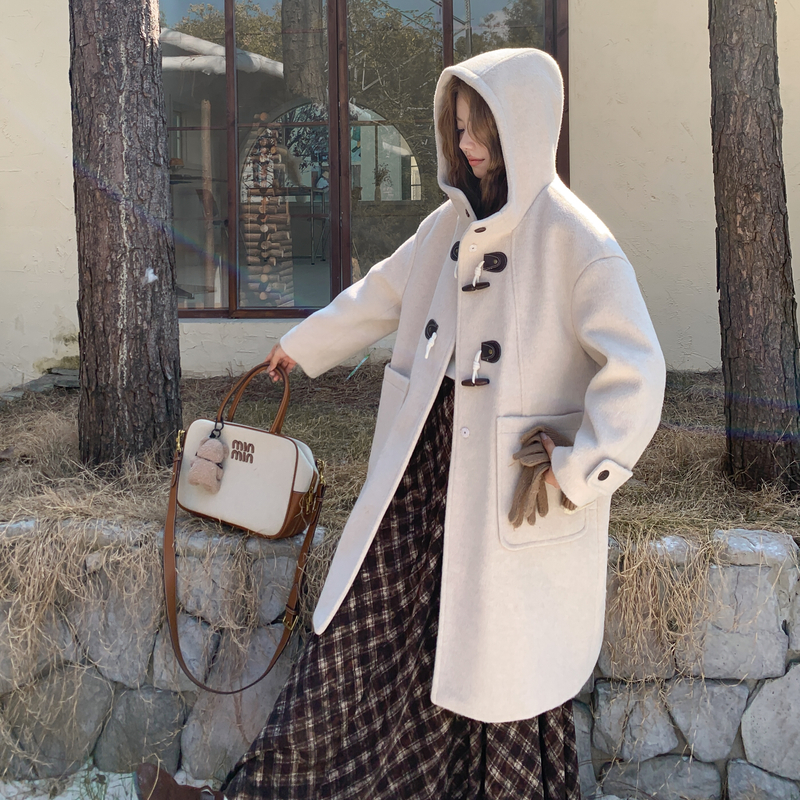 米白色毛呢外套女新款加厚中长款