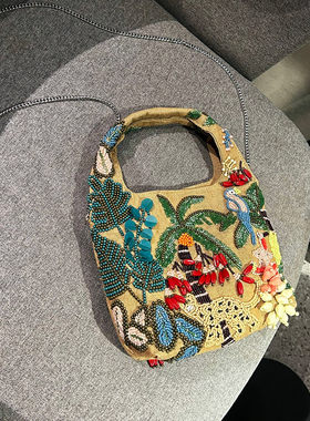 西班牙小众链条包女手提斜挎女包26年新款腋下串珠设计帆布水桶包