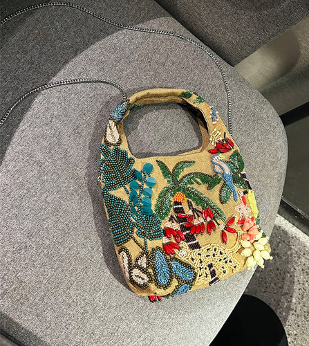 西班牙小众链条包女手提斜挎女包26年新款腋下串珠设计帆布水桶包