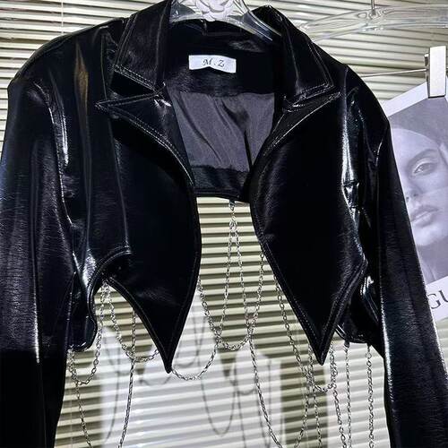 新款网红辣妹PU小皮衣外套女秋季2025新款漆皮链条设计感小众夹克