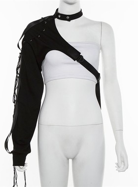 Nibber网红同款单袖个性挂脖跳舞卡扣单肩装饰上衣时尚舞蹈服演出