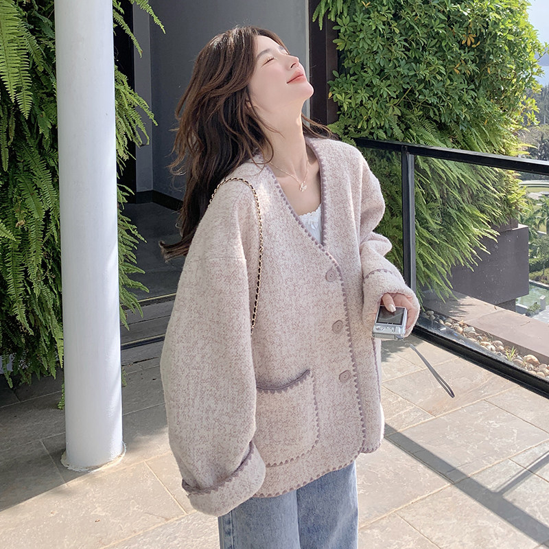 设计感包边小香风开衫外套女2025秋季V领洋气百搭韩系温柔风上衣,女装短外套,2C231