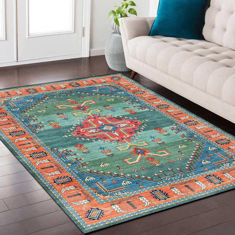 复古波斯民族风地中海湖蓝绿色橘黄色客厅卧室床边地毯地垫