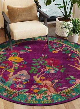 新中式中国风花卉鸟红紫色绿色卧室客厅圆形防滑地毯地垫