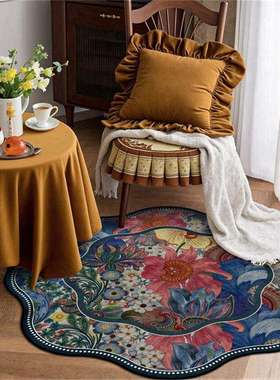 美式田园花卉花朵形异形粉红蓝紫色卧室客厅圆形防滑地毯地垫