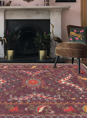可机洗复古几何腰果花卉民族风紫红色紫色客厅卧室地毯地垫