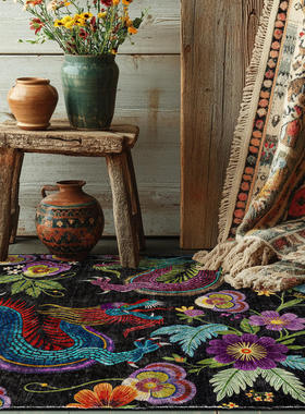 可机洗复古新中式双龙花卉黑色绿蓝紫色防滑客厅卧室地毯地垫