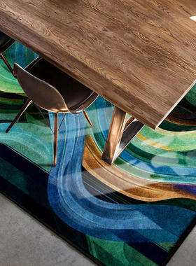 仿羊绒抽象时尚几何扭曲线蓝绿橘红紫色卧室床边地毯地垫