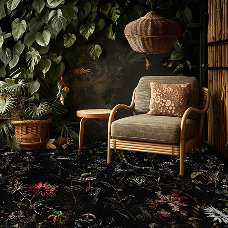 仿羊绒可机洗水洗热带雨林森林动物黑色植物卧室床边地毯地垫