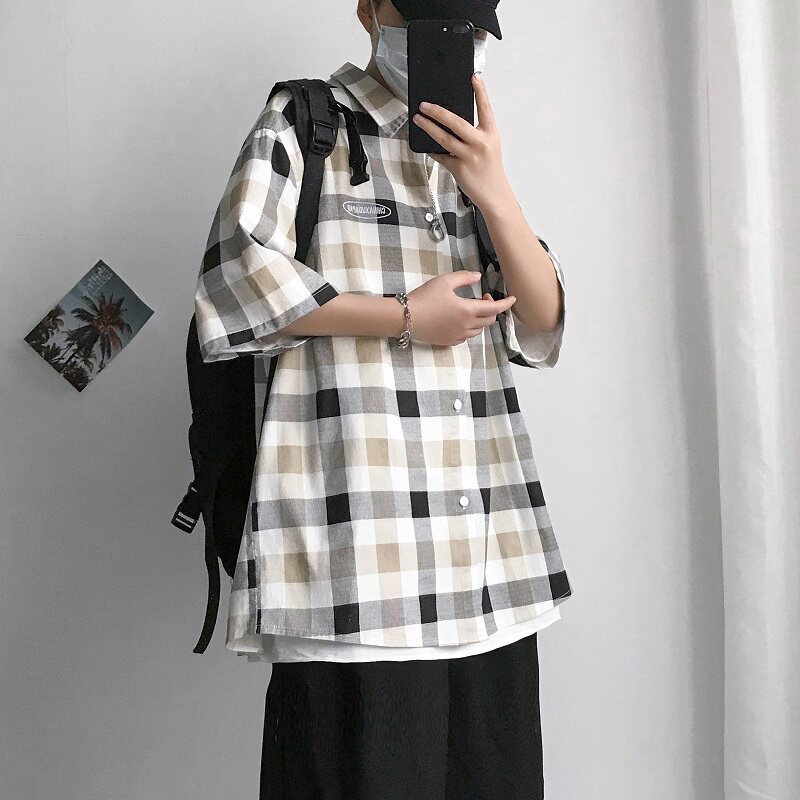 2021新款港风深格宽松休闲衬衣短袖衬衫A061-C8003-P40,男装衬衫,电商A061