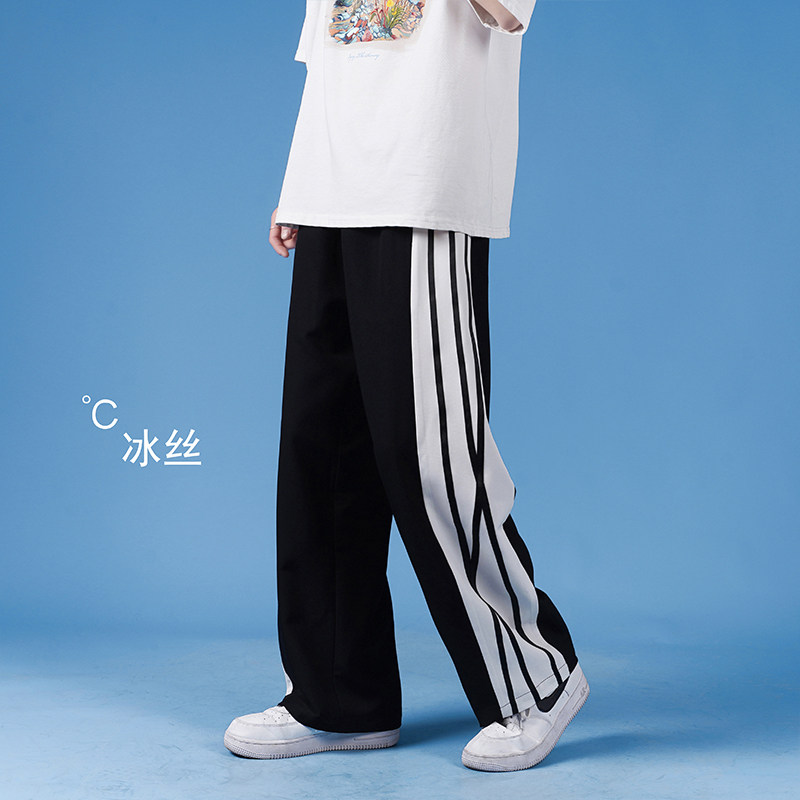 拼条阔腿裤男哈伦裤九分裤直筒拖地裤子A061限68ａ,男装休闲裤,电商A061