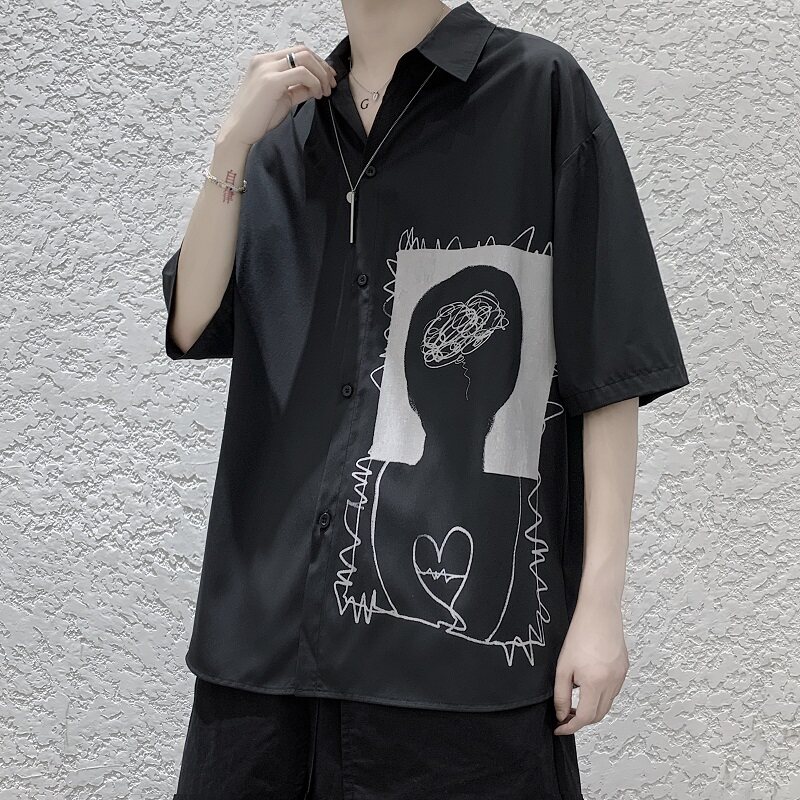 港风蓝色宽松衬衣短袖衬衫A061-C8009,男装衬衫,电商A061