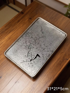 纯锡中式大茶盘梅花功夫茶具蓄水手工锤纹壶承干泡盘大号锡茶船