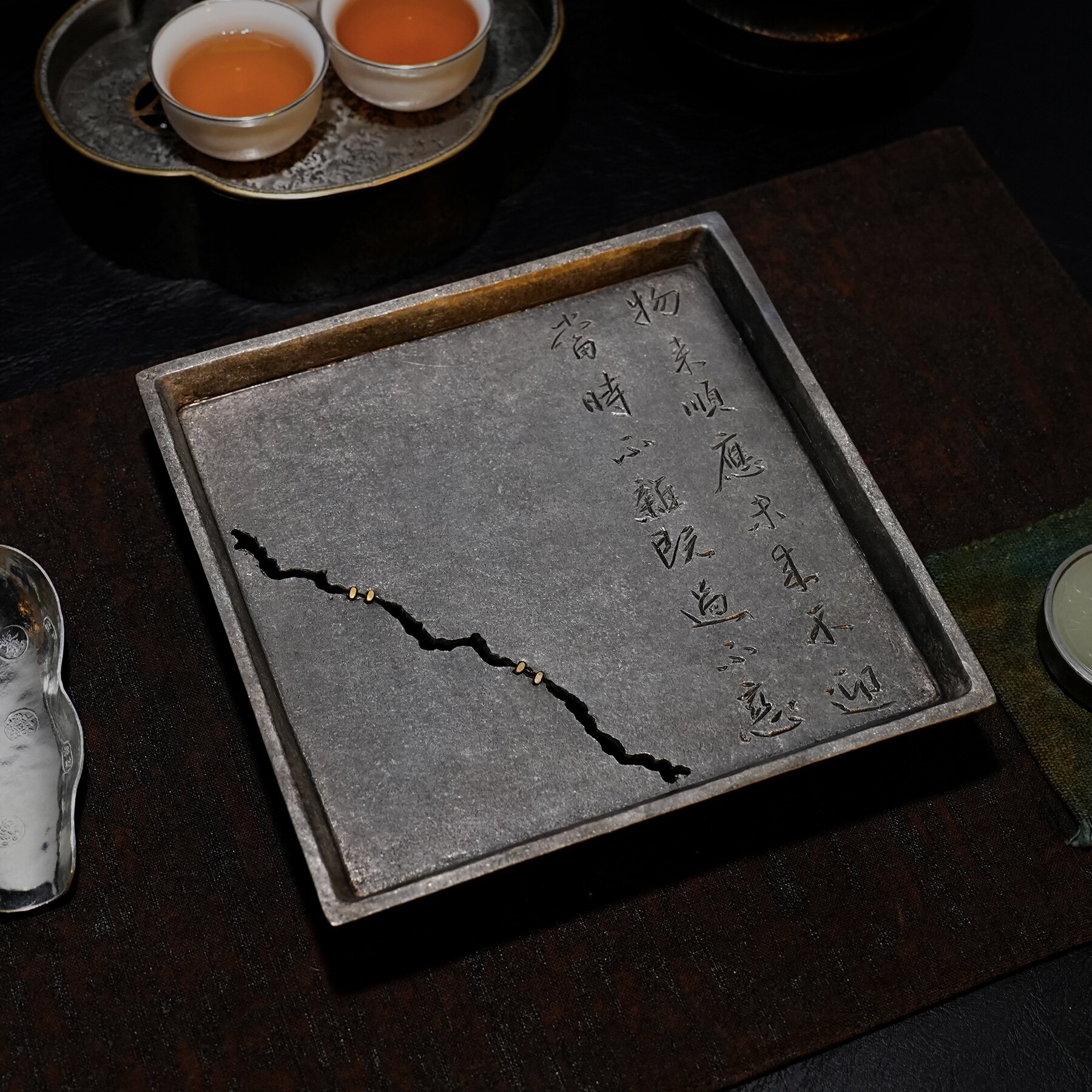 纯锡四方斗笠壶承诗文刻绘大茶盘全手工做旧蓄水茶船功夫茶杯承