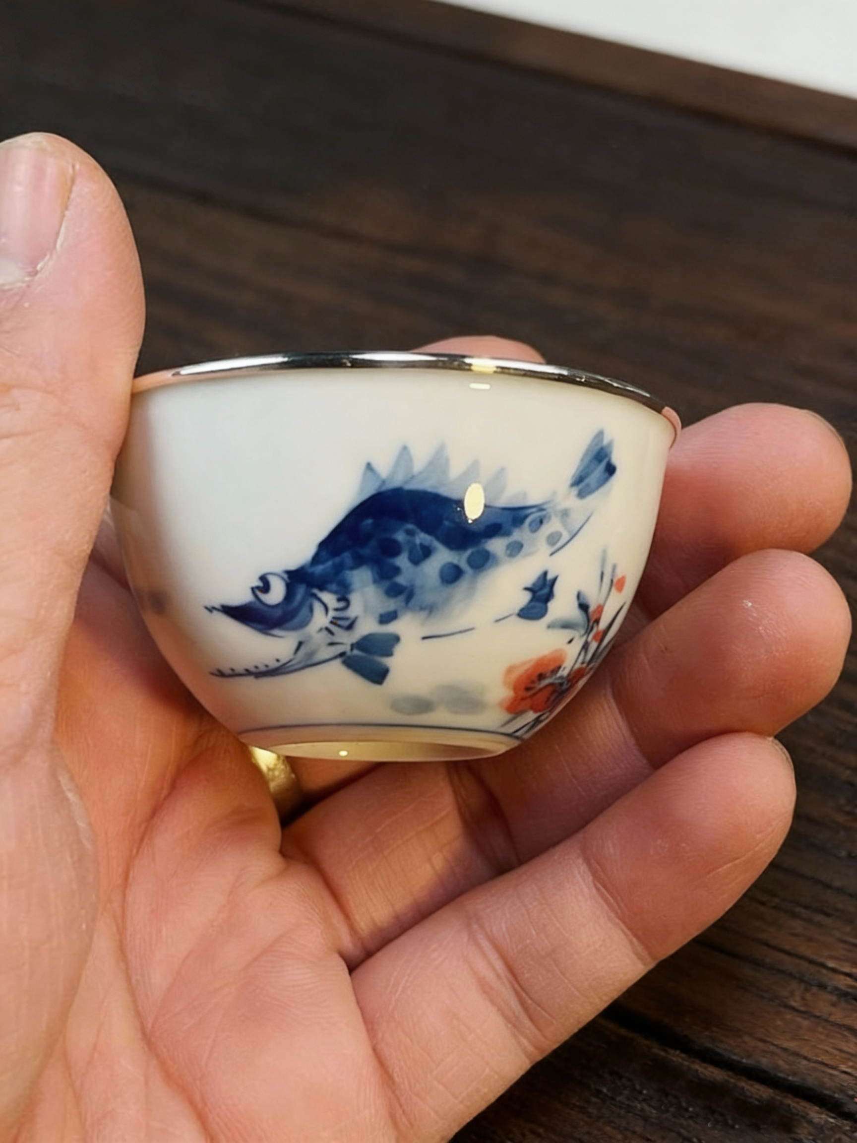 青花手绘鳜鱼包银口蛋壳杯功夫茶茶杯泡茶薄胎主人杯客杯茶杯30cc