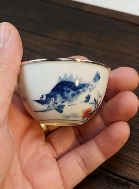 青花手绘鳜鱼包银口蛋壳杯功夫茶茶杯泡茶薄胎主人杯客杯茶杯30cc