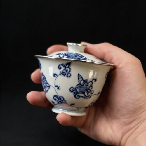 包银口柴窑烧青花手绘蔓花卷草纹缠枝莲盖碗釉下彩闻香杯主人杯