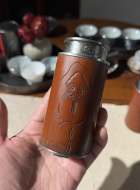 双层盖密封性好老竹筒包锡茶叶罐全手工纯锡储茶罐禅意茶具锡内胆
